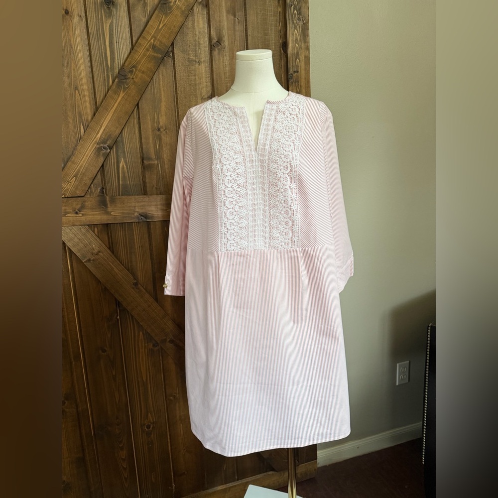NWT C Wonder Women's Tunic Dress 18W Pink/White Stripes Crochet Overlay Bodice